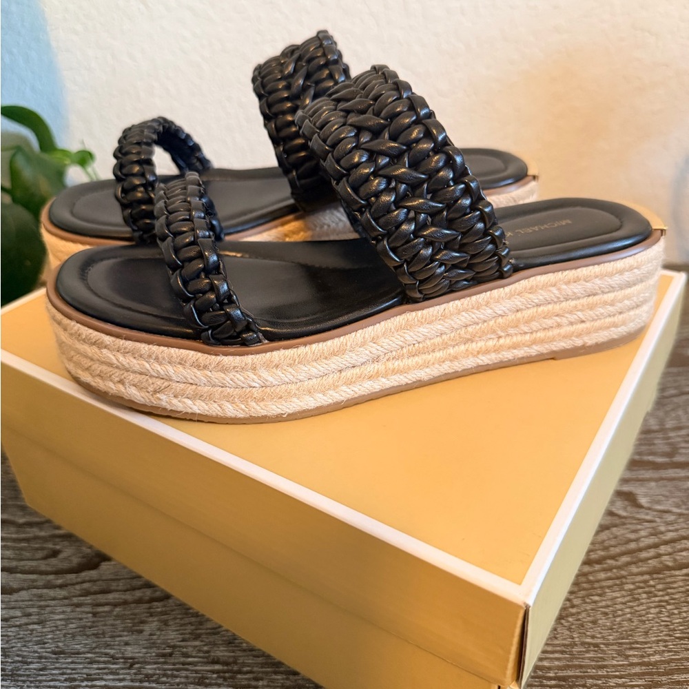 Michael Kors Black Braided Double-Strap Platform Slides
